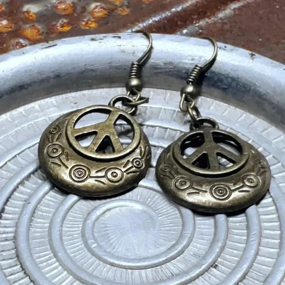 Artsy Peace Sign Bronze Antique Brass Stylized Dangle Earrings